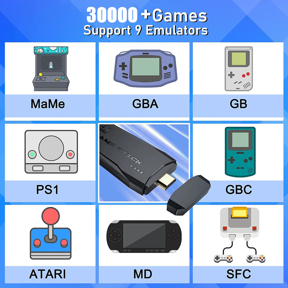 4K HDMI TV Game Stick Built-In 64GB 30000+ Video Games Console Wireless Gamepad.