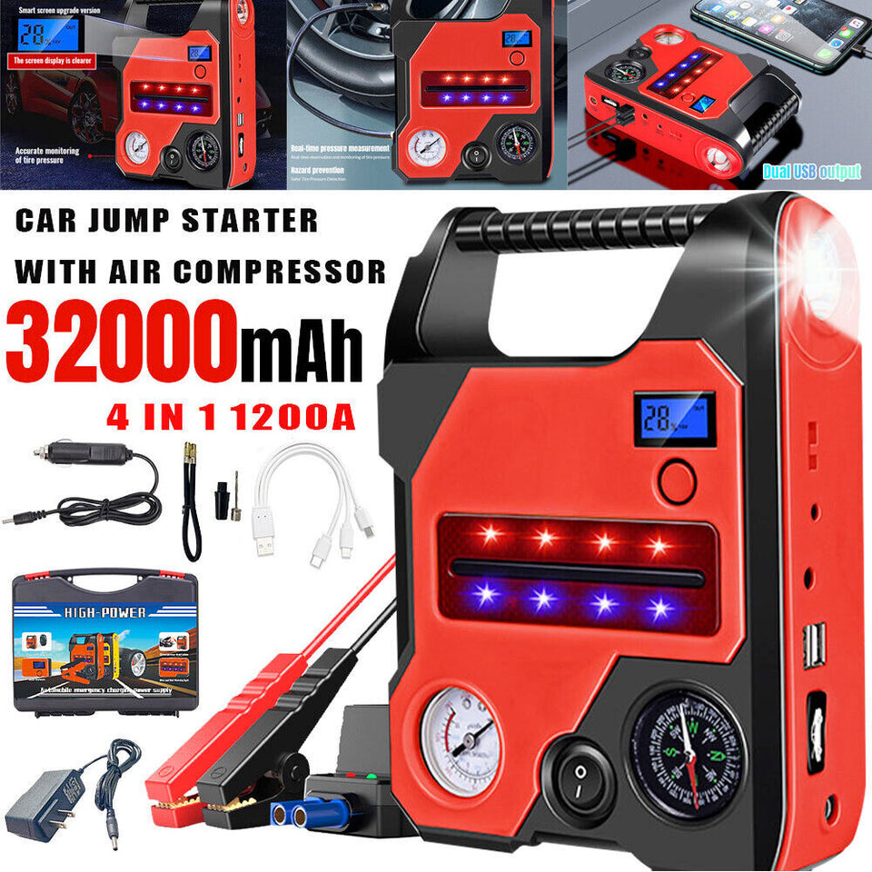 1200A Jump Starter with 150PSI Air Compressor – LCD Display, Power Bank & LED Light | Roadside Emergency Kit