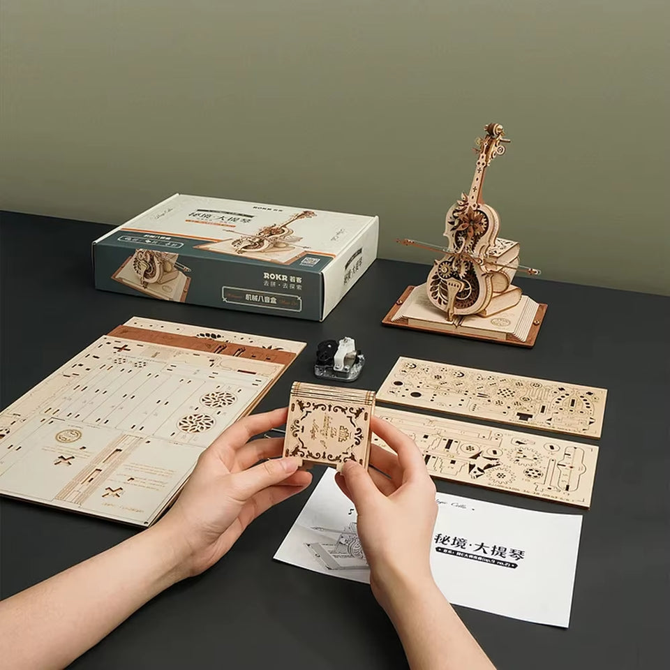 ROKR 3D Wooden Puzzle Magic Cello Mechanical Music Box Moveable Stem Funny Creative Toys for Child Girls AMK63