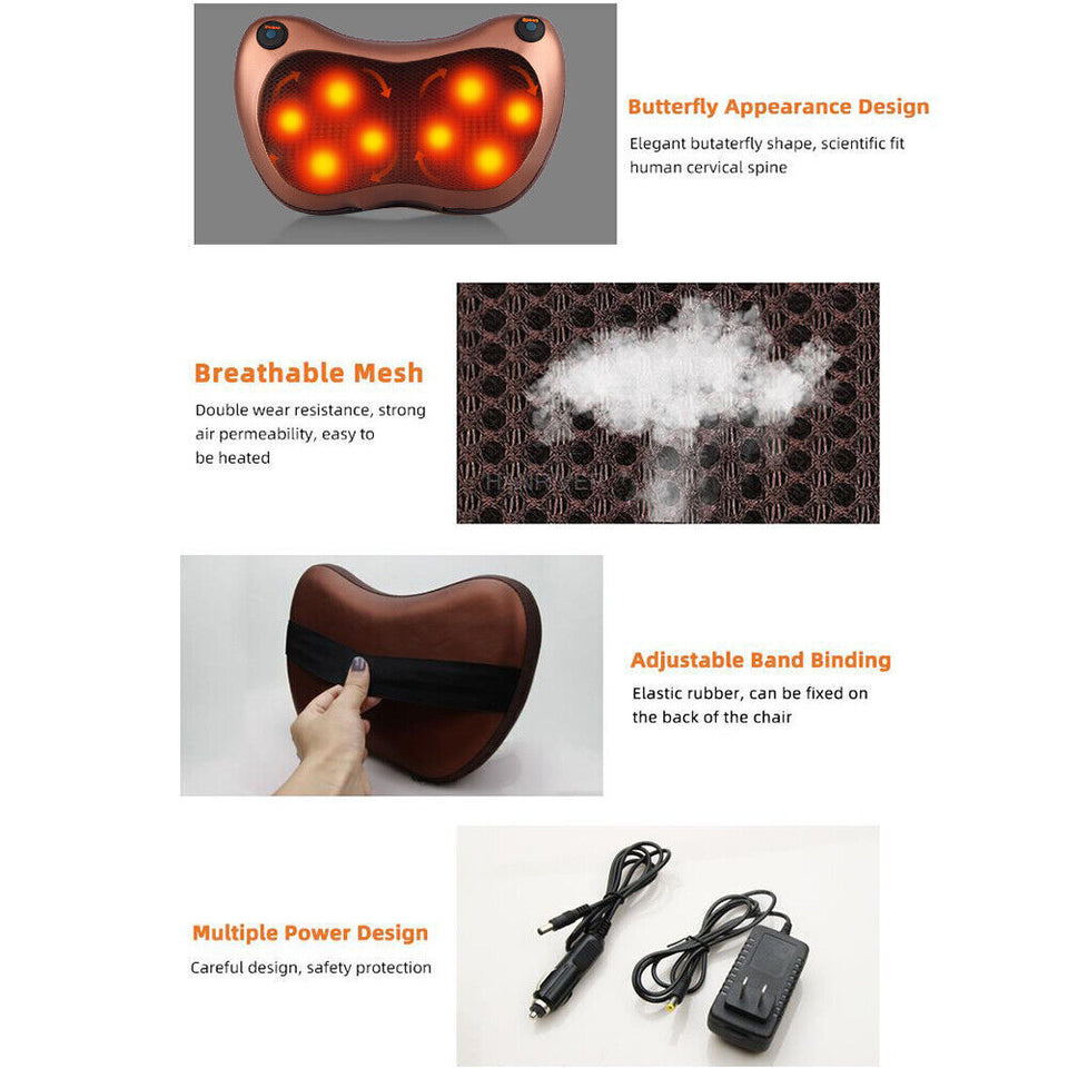 Neck Massager Electric Shoulder Back Shiatsu Massage Pillow 8 Drives Pain Relief