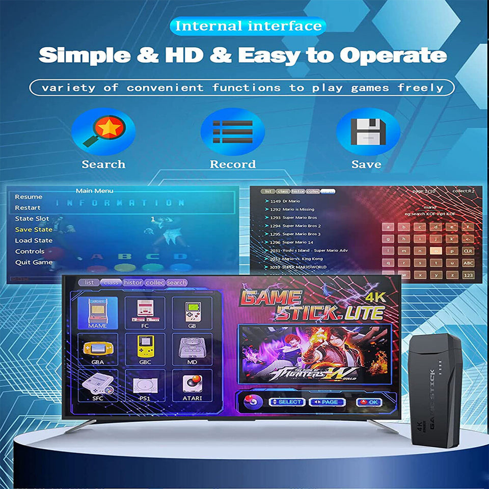 4K HDMI TV Game Stick Built-In 64GB 30000+ Video Games Console Wireless Gamepad.