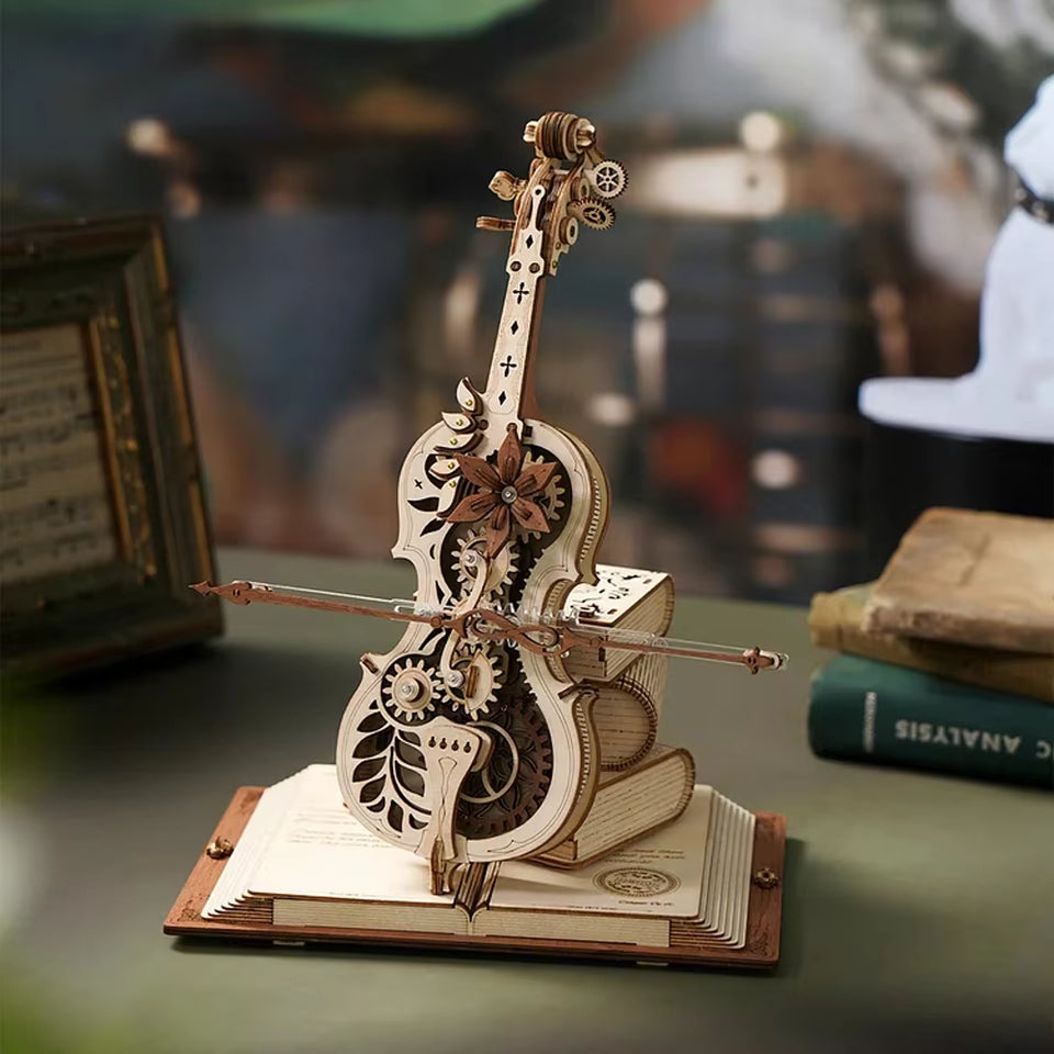 ROKR 3D Wooden Puzzle Magic Cello Mechanical Music Box Moveable Stem Funny Creative Toys for Child Girls AMK63