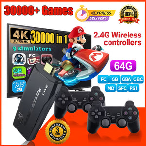 4K HDMI TV Game Stick Built-In 64GB 30000+ Video Games Console Wireless Gamepad.