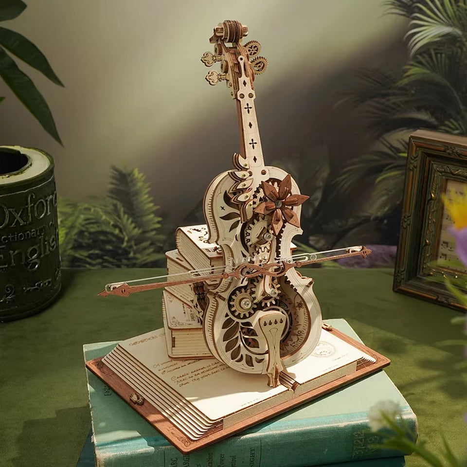 ROKR 3D Wooden Puzzle Magic Cello Mechanical Music Box Moveable Stem Funny Creative Toys for Child Girls AMK63