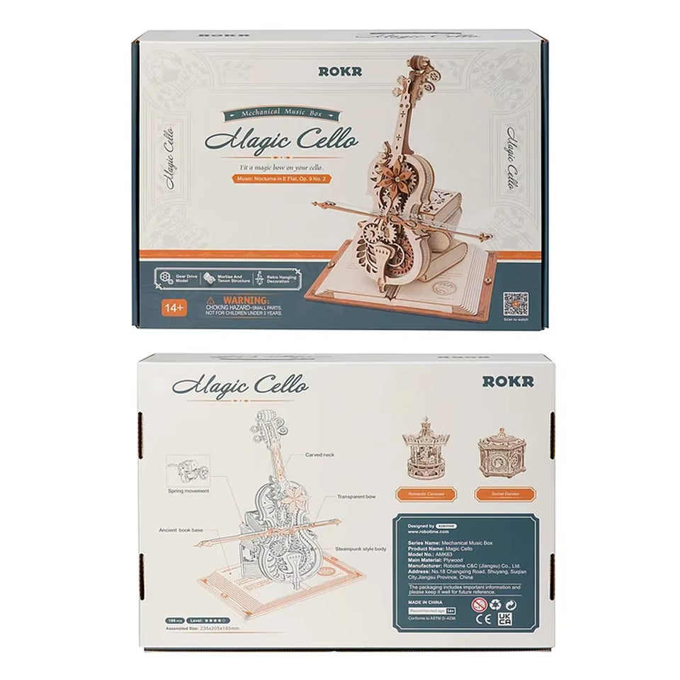 ROKR 3D Wooden Puzzle Magic Cello Mechanical Music Box Moveable Stem Funny Creative Toys for Child Girls AMK63