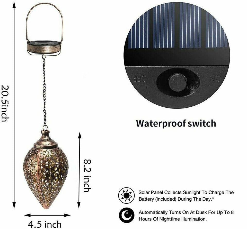 Solar Power LED Hanging Lantern Light Metal Garden Yard Decor Lamp Rechargeable