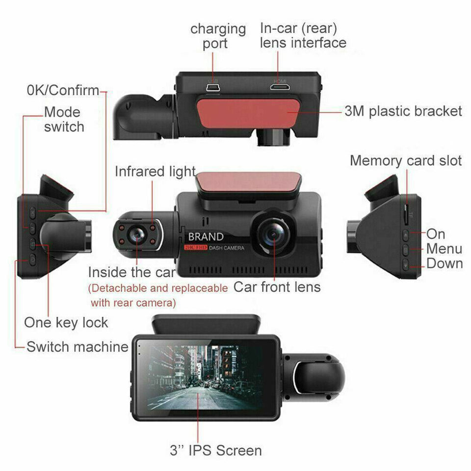 Front and inside Car DVR Dash Cam Video Recorder Camera G-Sensor 1080P Dual Lens