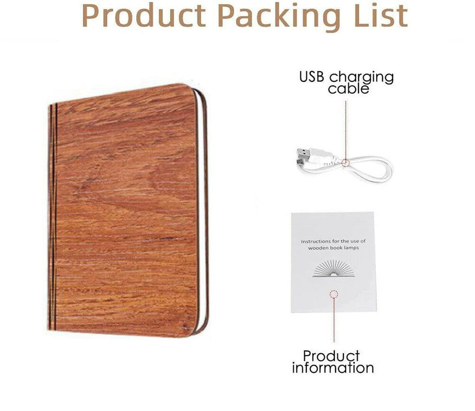Novelty Portable Folding Wooden Book Lamp USB Rechargeable Desk Night Light New
