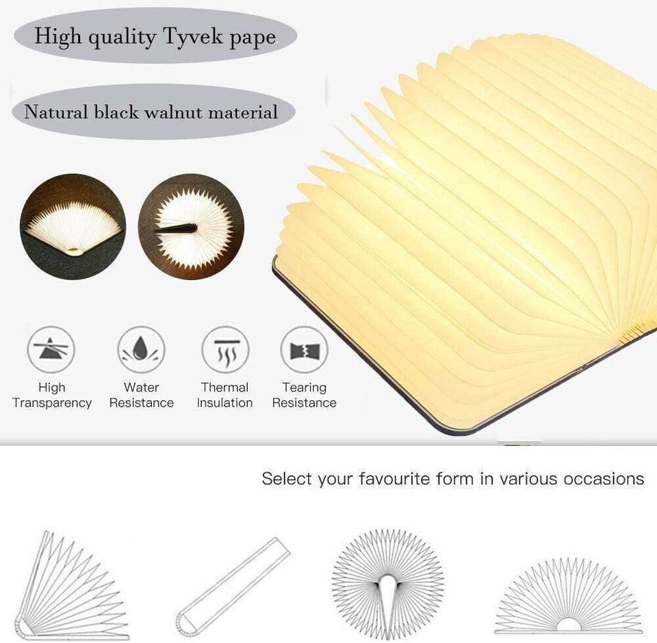 Novelty Portable Folding Wooden Book Lamp USB Rechargeable Desk Night Light New